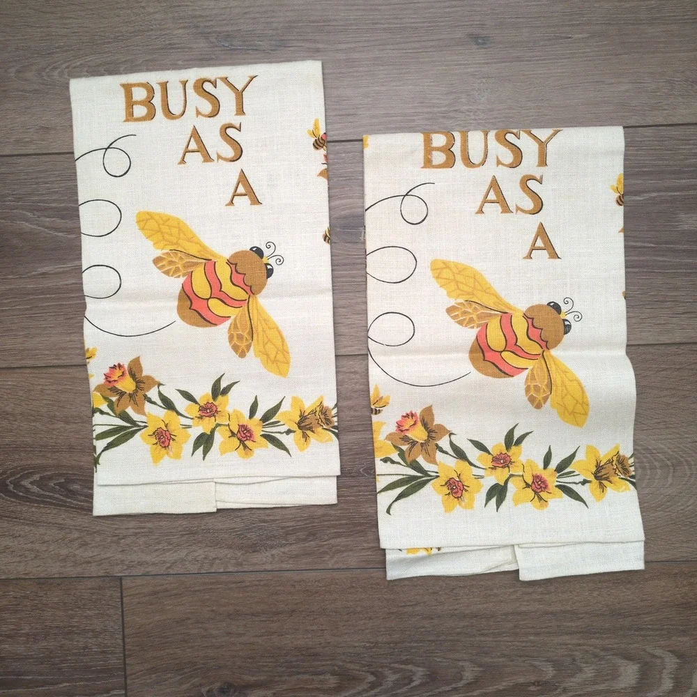 Vtg Pure Linen Busy As A Bee Tea Towels Yellow Daffodil Retro Set of 2 NOS NEW